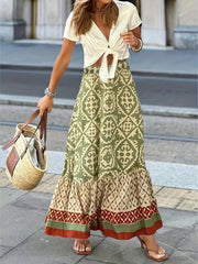  Boho Skirt Colorblock Print High Rise Maxi Smock Skirt