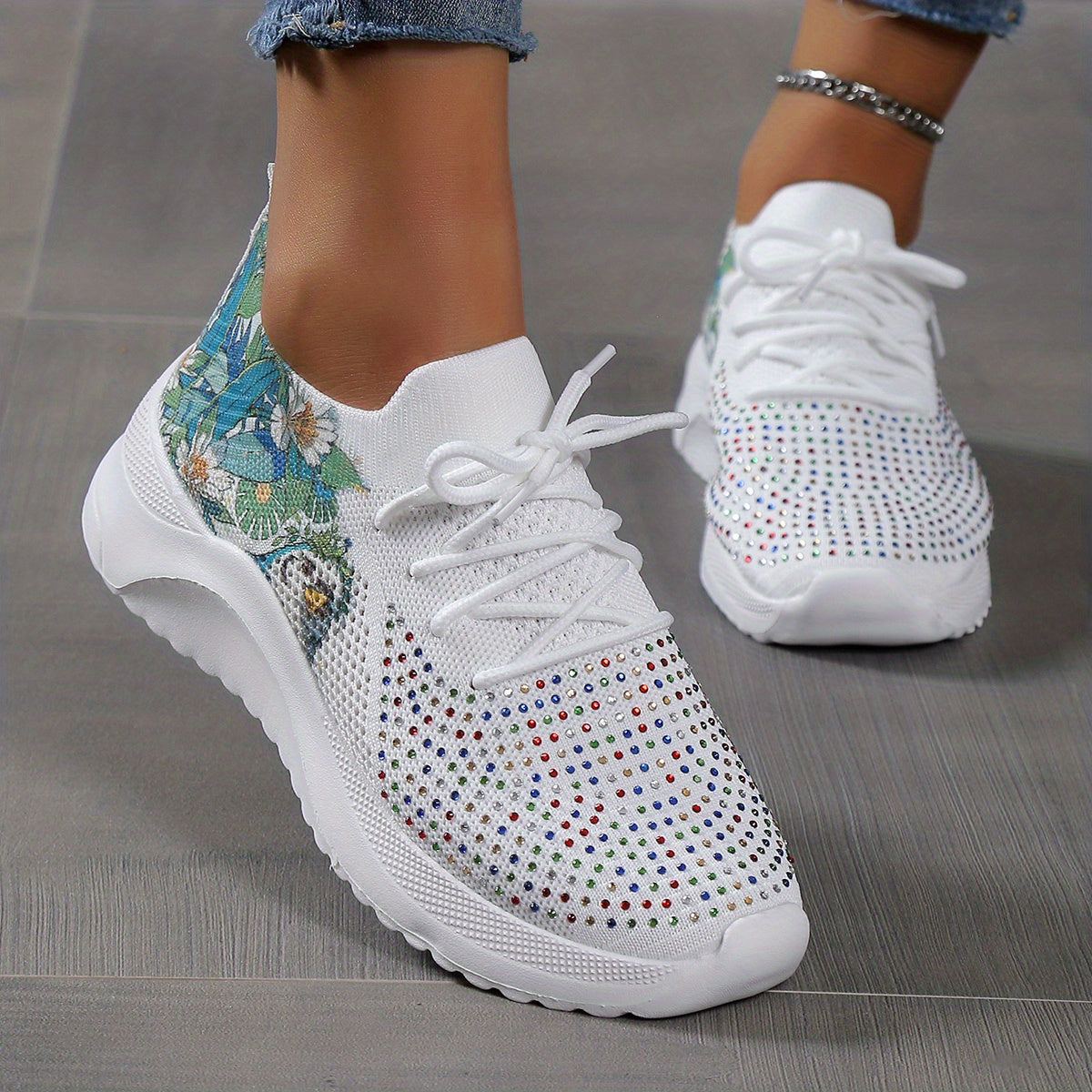 Women's Rhinestone & Floral Sneaker Low Round Toe Sporty Shoes