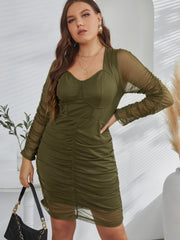  Mesh Ruched Dress Long Sleeve Midi