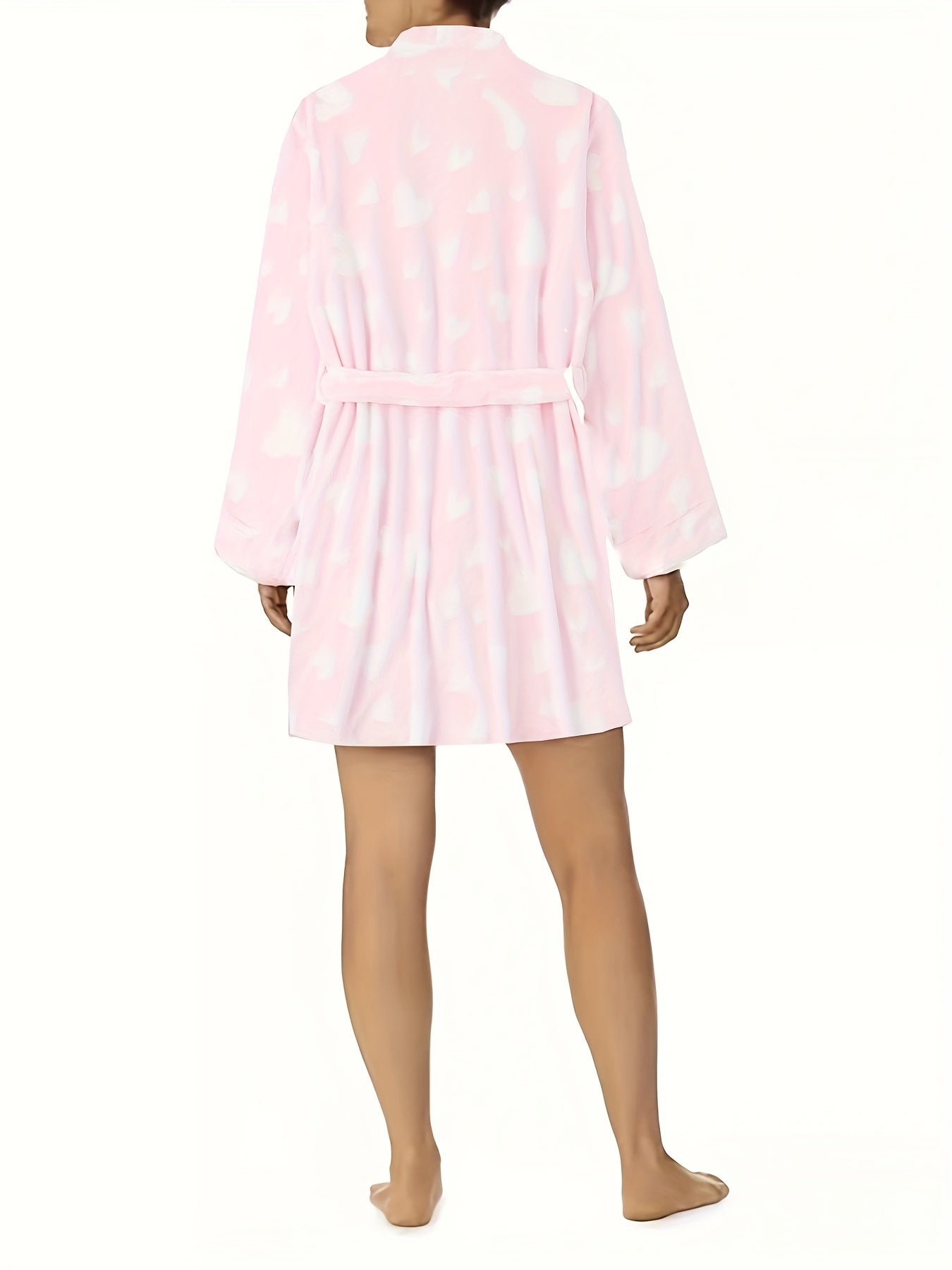  Heart Pattern Flannel Bathrobe Women's Long Sleeve Belted Nightgown