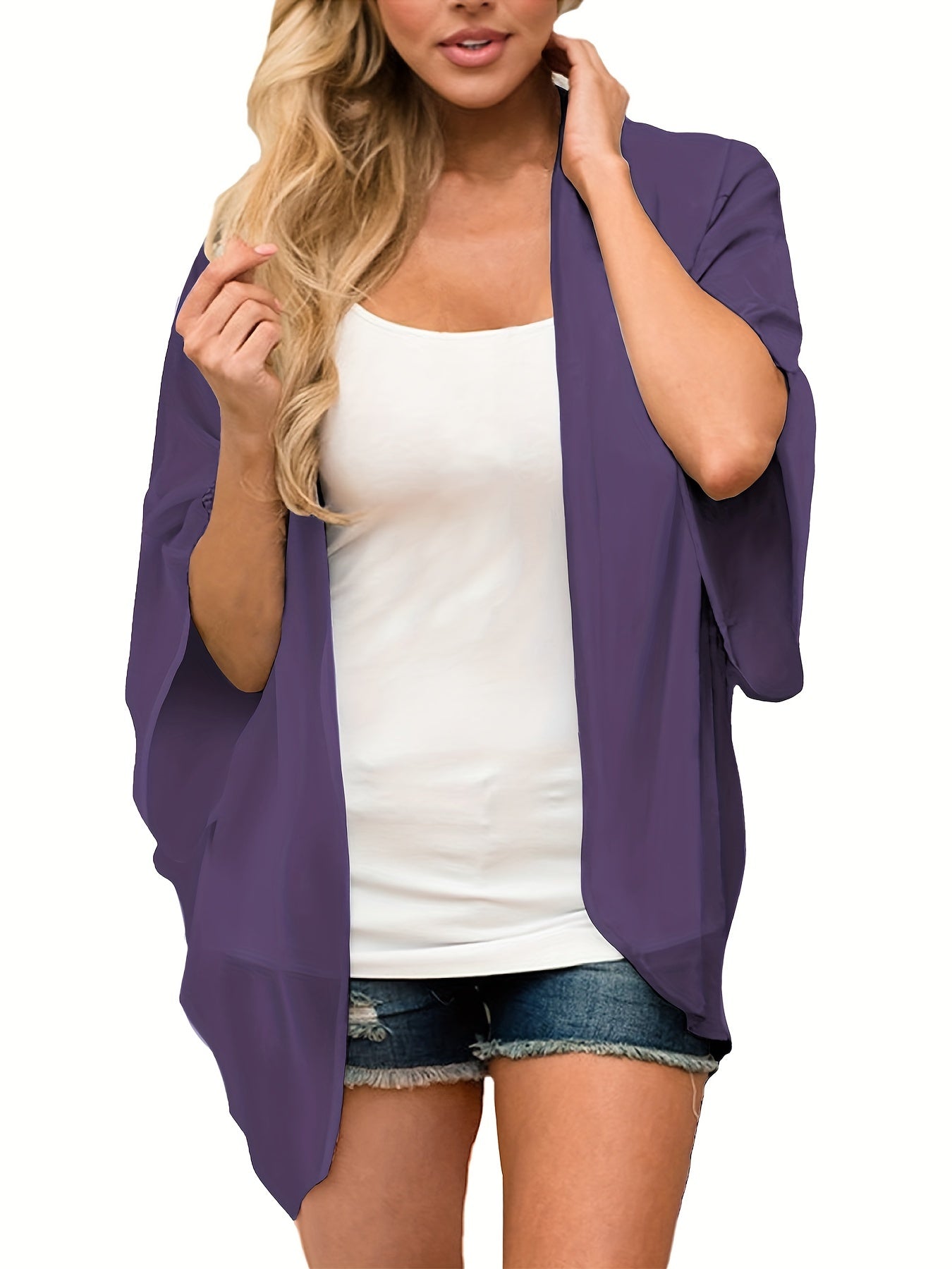  Solid Batwing Sleeve Open Front Cardigan