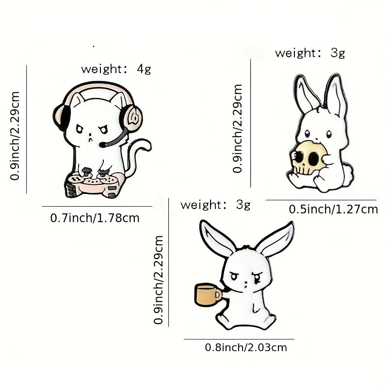 Rabbit Cat Enamel Pins Eating Skull Drink Play Games Cartoon Brooches