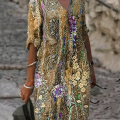  Casual Dress Women's Plus Painting Print Roll Up Sleeve Dress