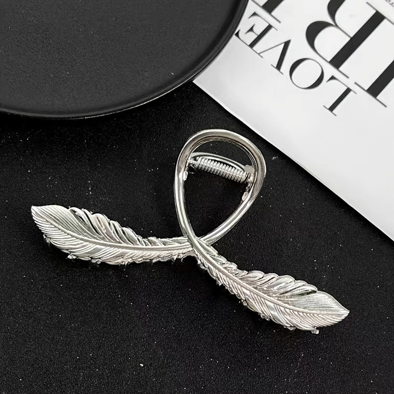 Metal Feather Hair Claw Clip Non Slip Strong Hold Silvery Hair Jaw Clip