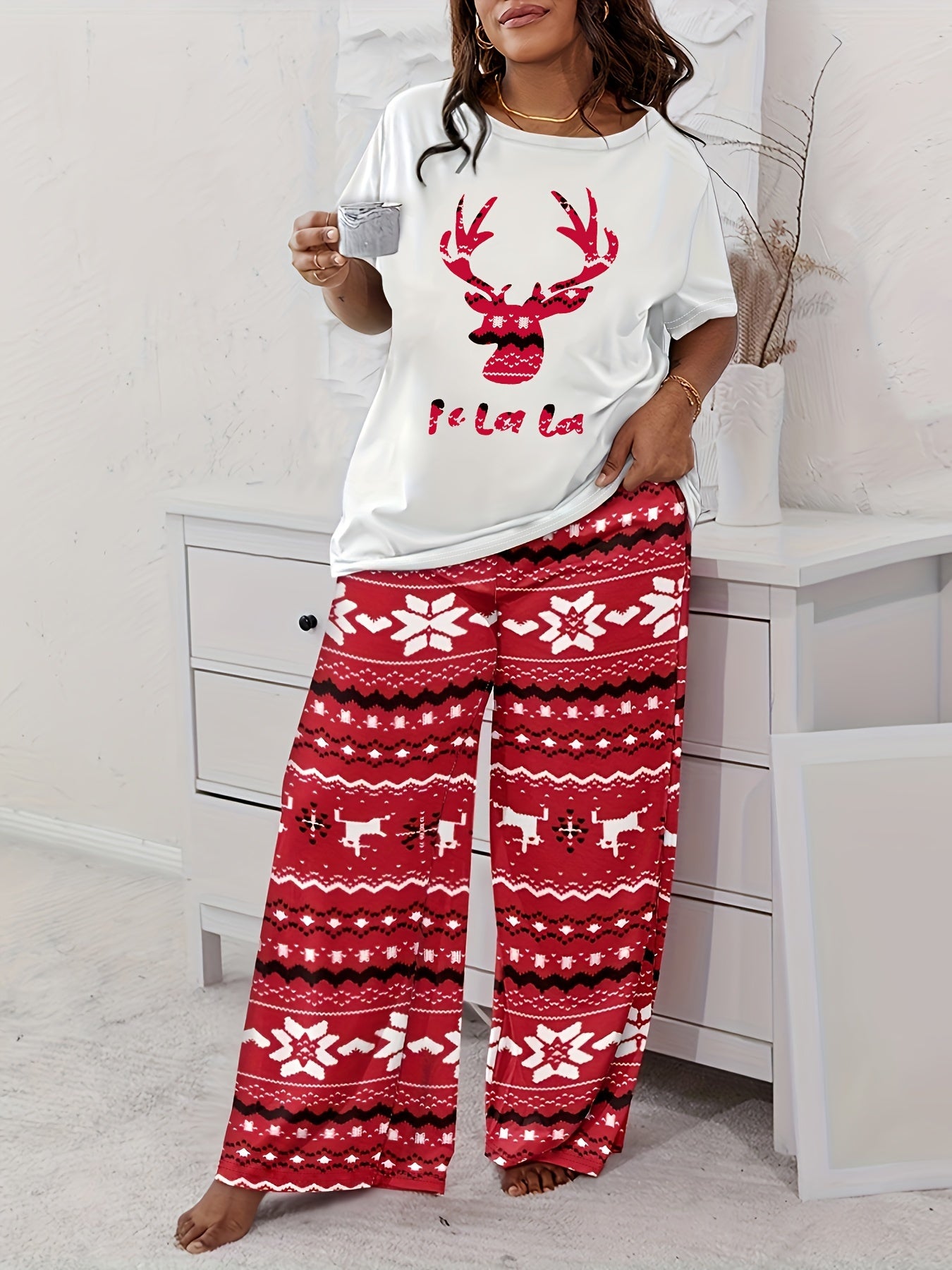  Christmas Tree Print Tee & Pants Pajama Set