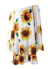  Women's Sunflower Print Bell Sleeve Pleated Dress