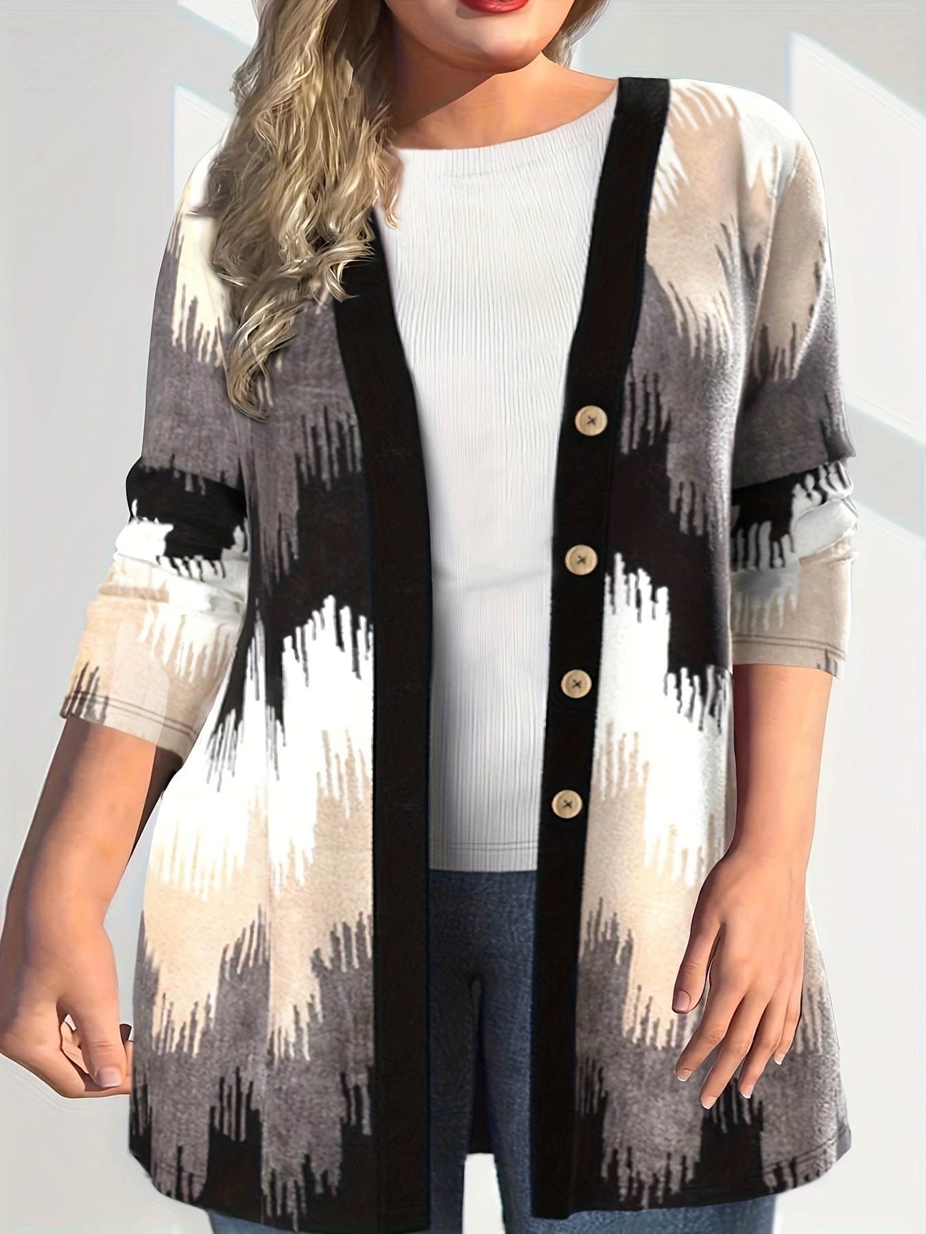  Colorblock Print Long Sleeve Button Up Cardigan