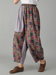  Colorblock Geometric Print Boho Pants Elastic High Rise Loose Fit