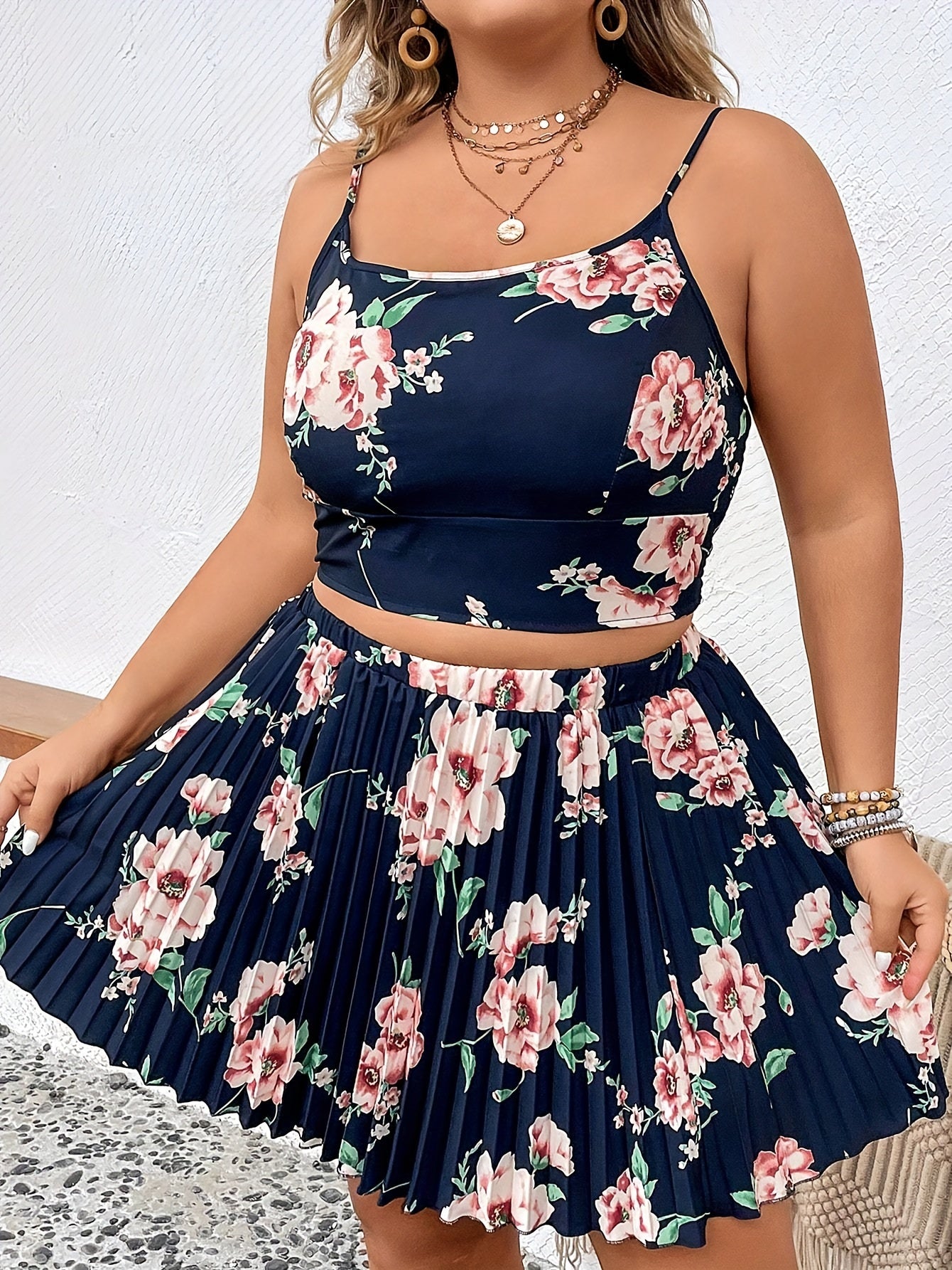  Women's Floral Print Cami Top & Pleated Skirt Set