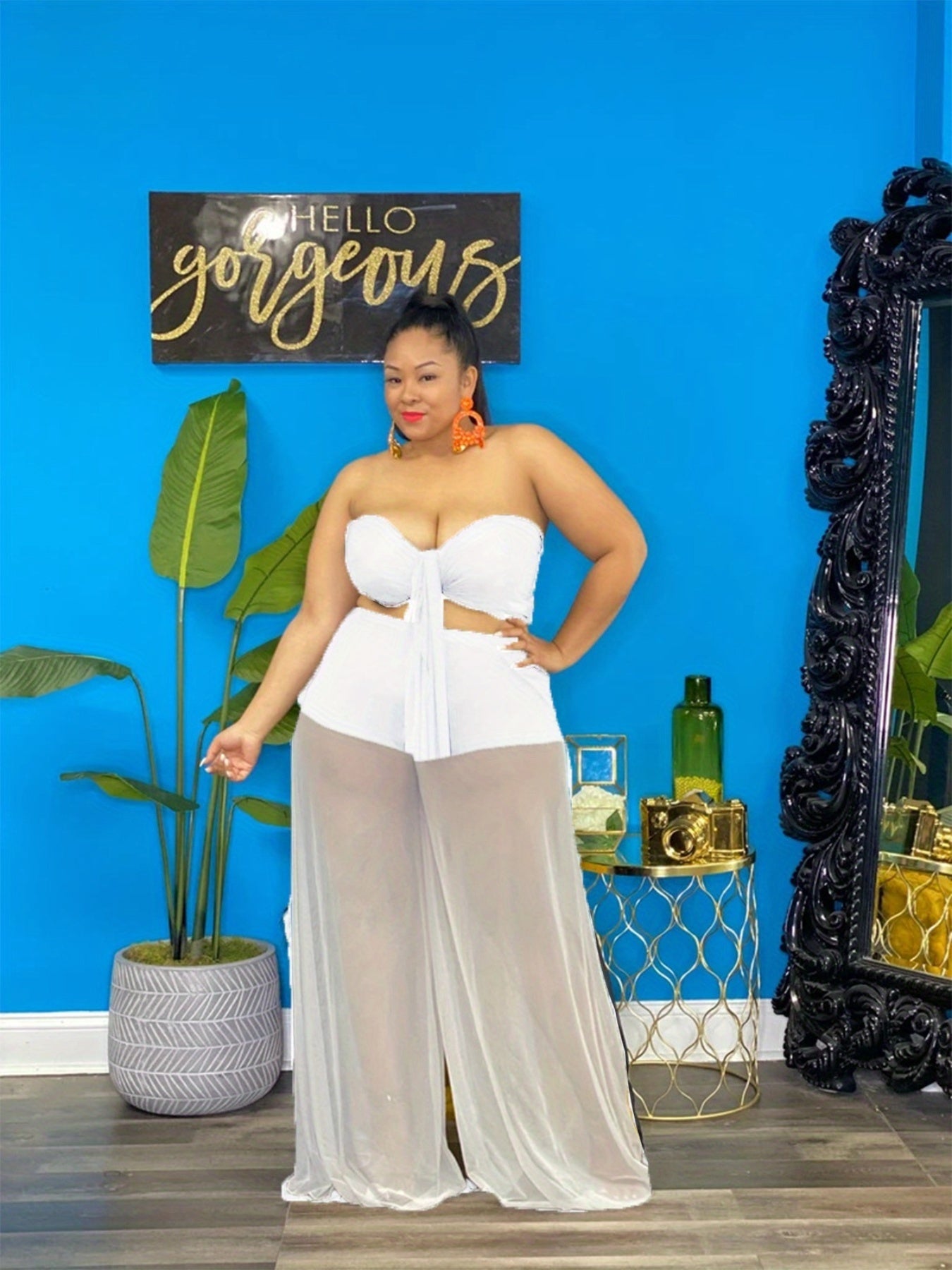  Sexy Outfit: Solid Knot Tube Top & Wide Leg Pants Two Piece Set
