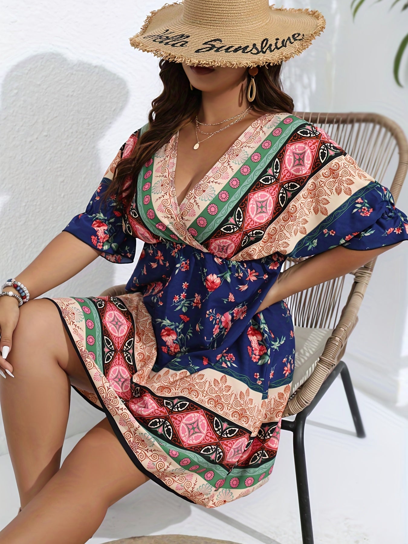  Boho Dress Women's Plus Floral Print V Neck Dress