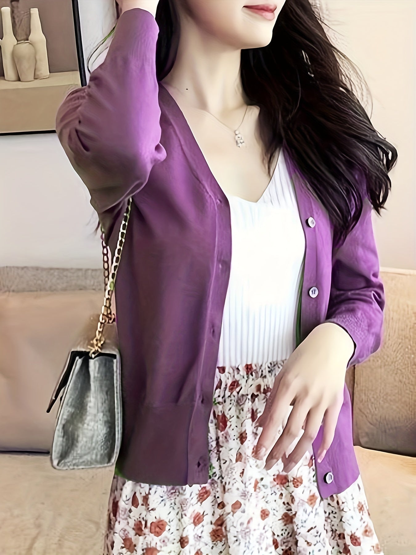 V-neck Button Front Cardigan for Women