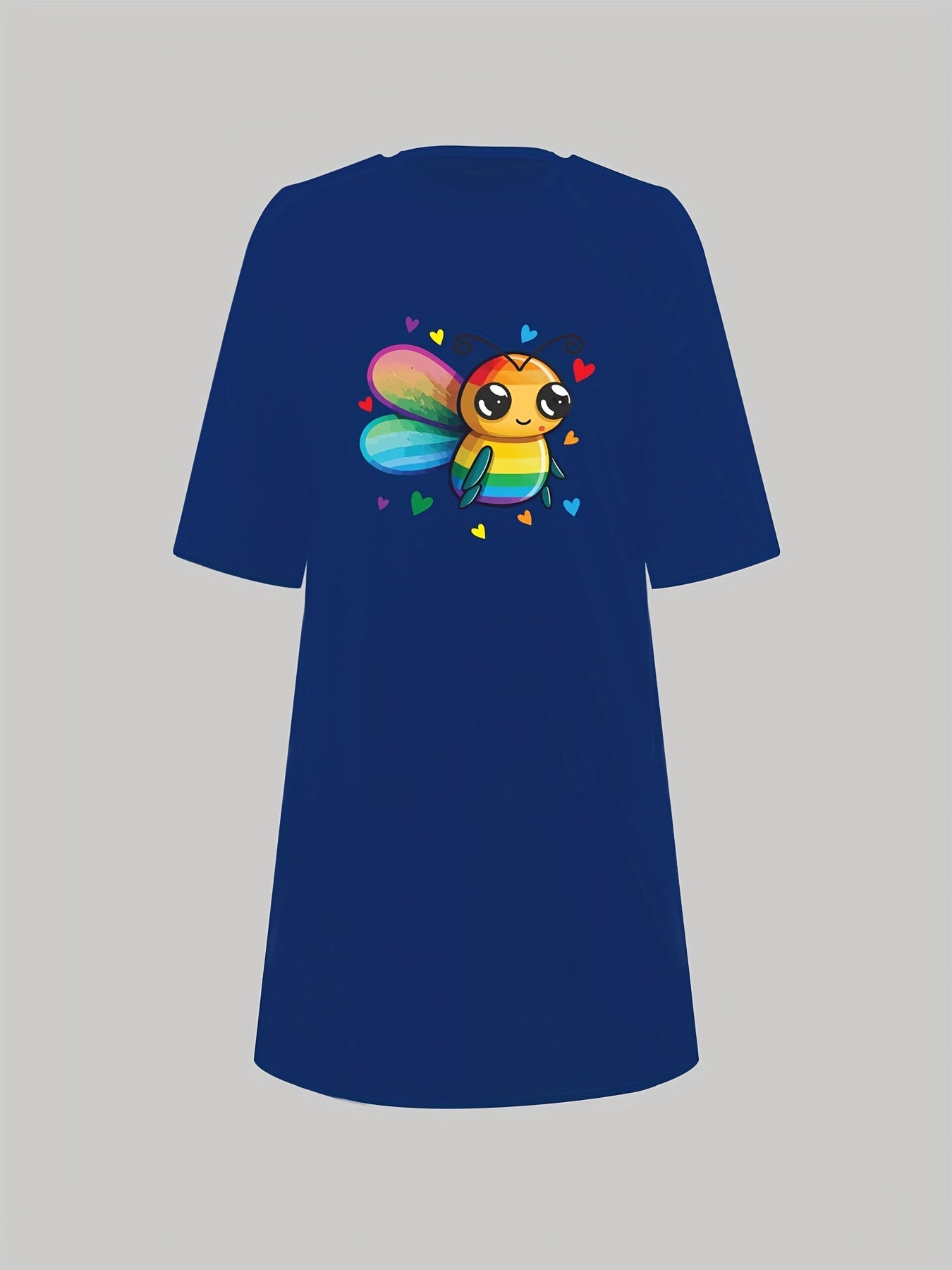  Bee & Heart Print Nightdress Round Neck Short Sleeve Sleep Dress