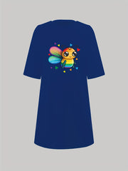  Bee & Heart Print Nightdress Round Neck Short Sleeve Sleep Dress