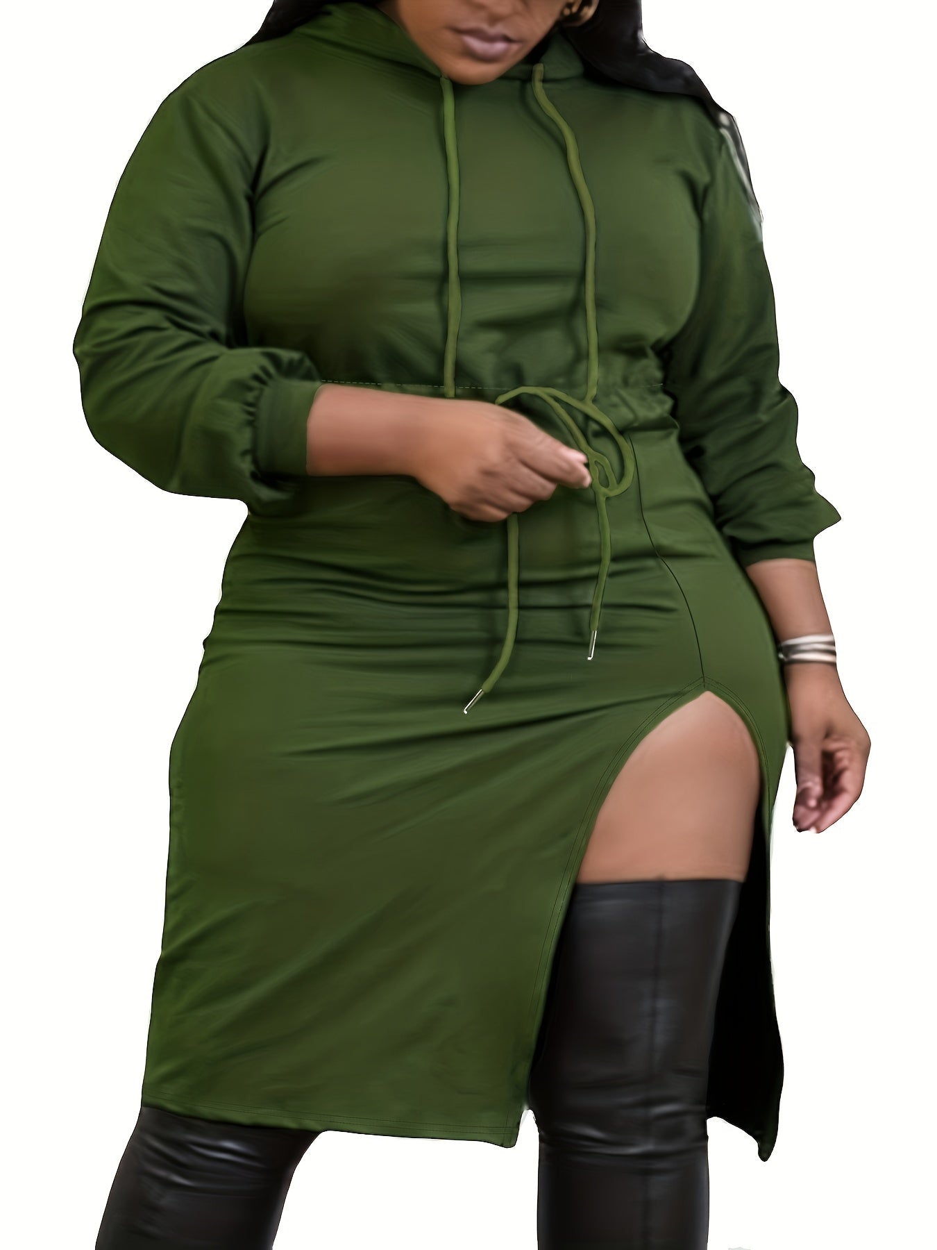  High Split Hoodie Drawstring Tie Waist Sweatshirt Dress
