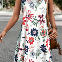  Floral Print Tank Dress Round Neck High Stretch