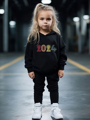 Girls Alphabets Pattern Hooded Sweatshirt Solid Sweatpants Set Kids Clothes