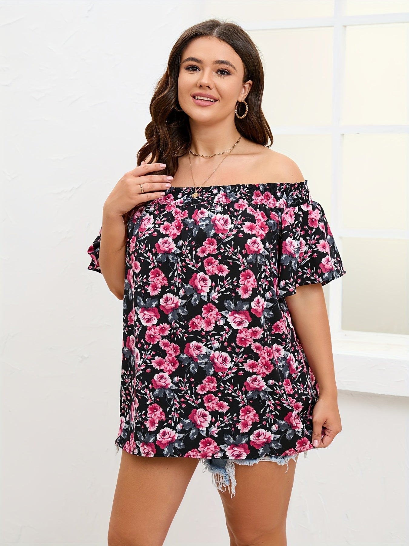  Rose Print Off Shoulder Short Sleeve Top