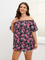  Rose Print Off Shoulder Short Sleeve Top