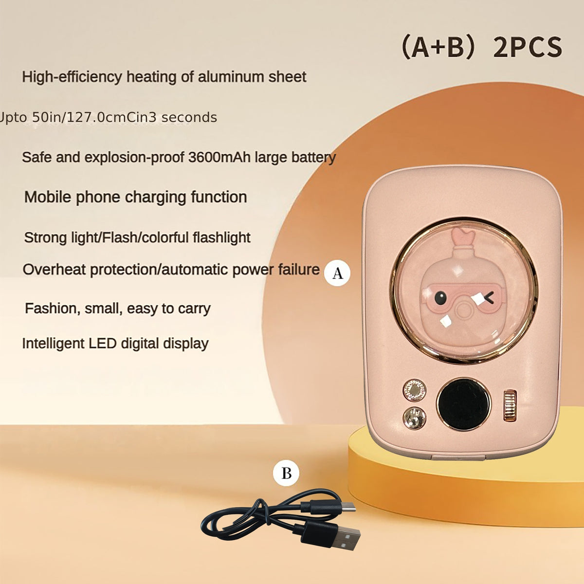 3600mAh Portable Mini Heater with Dazzling Light & USB Charging