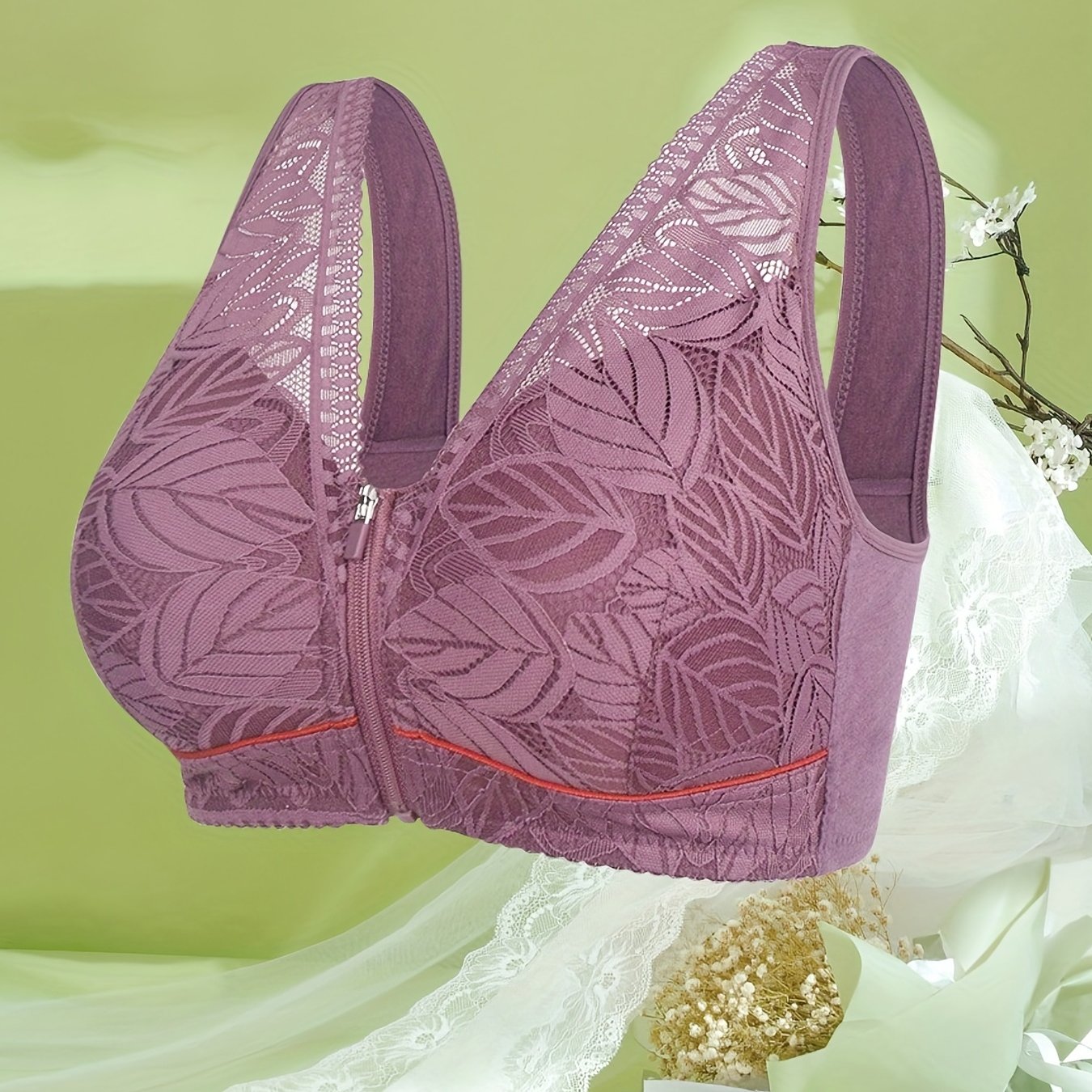  Leaf Jacquard Zipper Front Lace Bra