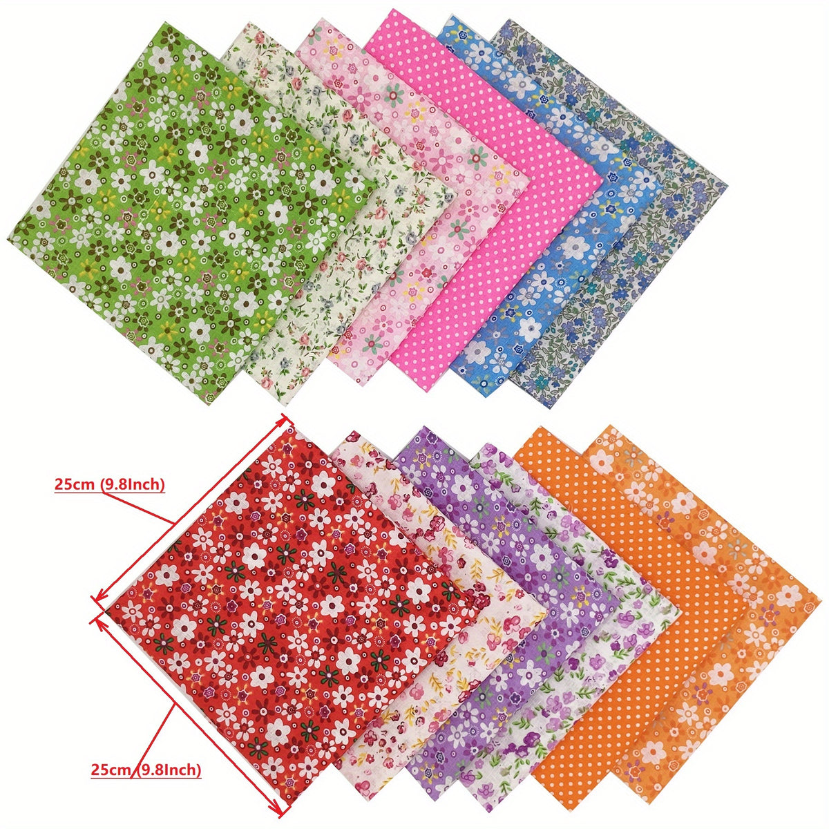 12pcs Rainbow Series Cotton Patchwork Fabric Flowers Precut Different Pattern
