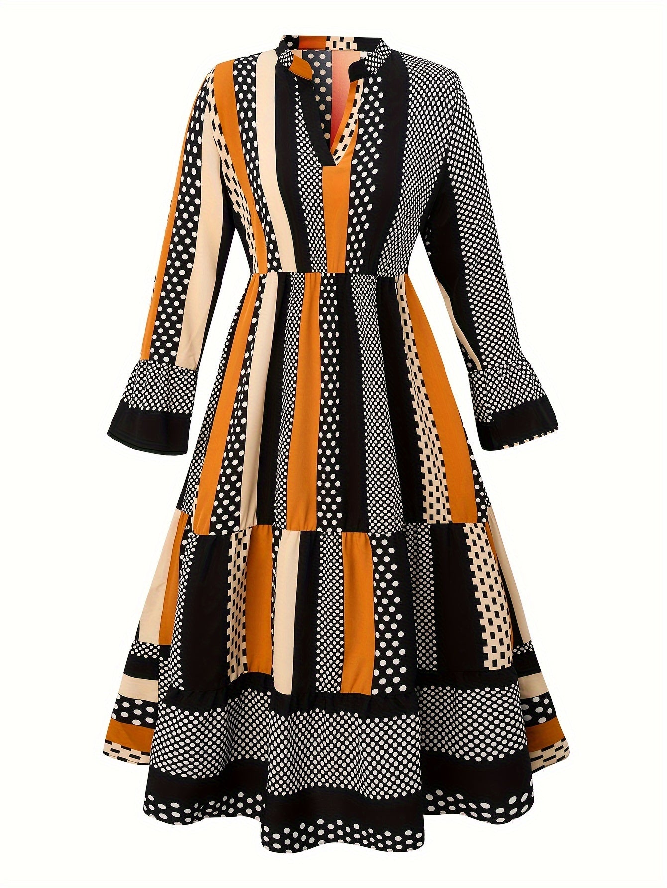  Colorblock Dot & Stripe Flounce Sleeve Smock Dress
