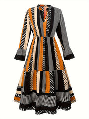  Colorblock Dot & Stripe Flounce Sleeve Smock Dress