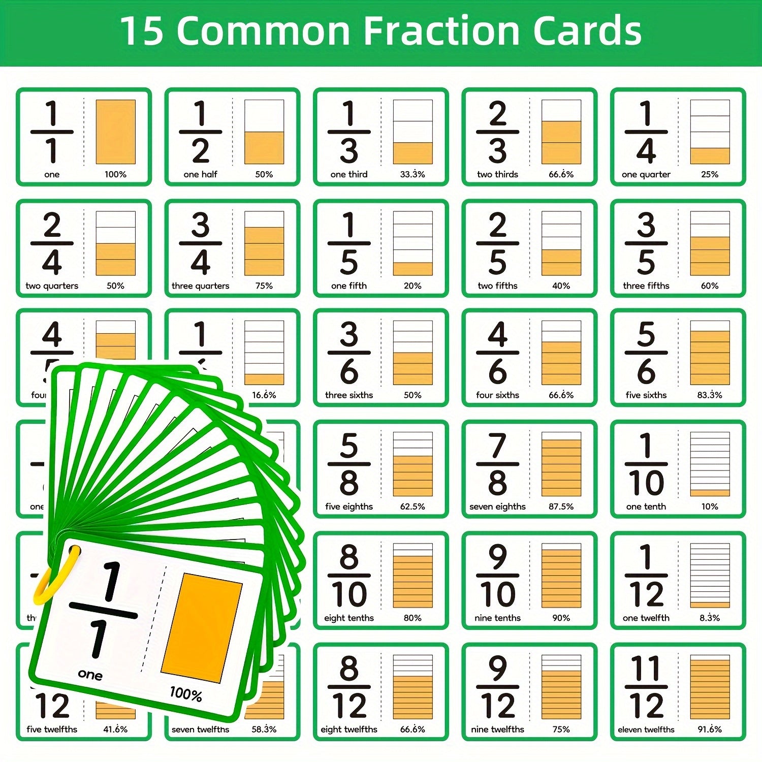 15 Double sided Fraction Cards Common Fraction Learning Tools