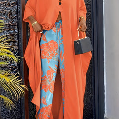 Plus Bat Sleeve V-Neck Top & Floral Pants Set