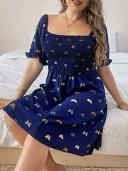  Butterfly Print Puff Sleeve Dress Square Neck Shirred