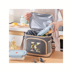 Floral Print Insulated Lunch Bag Durable Canvas Polyester Reusable Tote