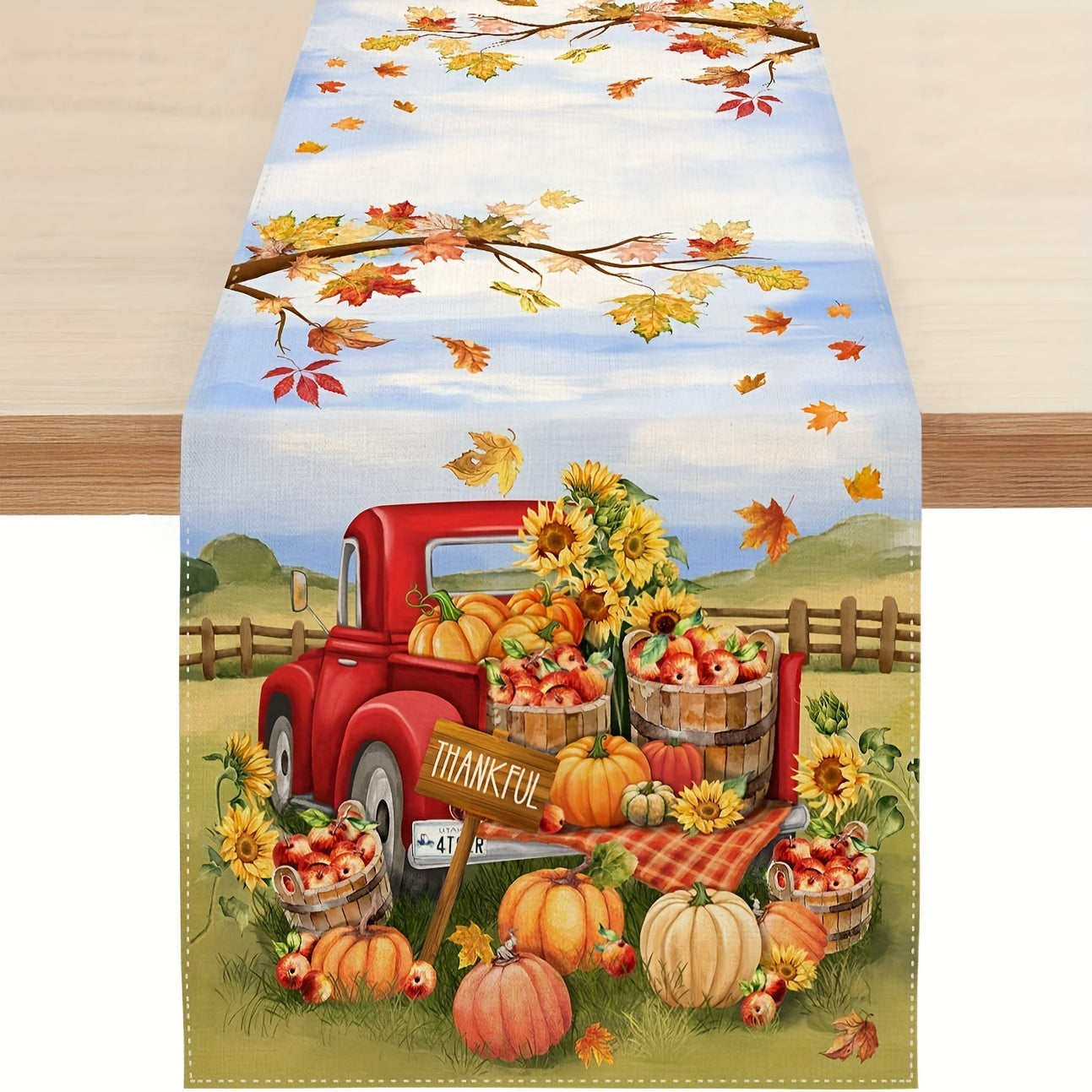 Thanksgiving Table Runner Autumn Truck Pumpkin Maple Leaf Orange Table Cover