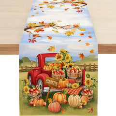 Thanksgiving Table Runner Autumn Truck Pumpkin Maple Leaf Orange Table Cover