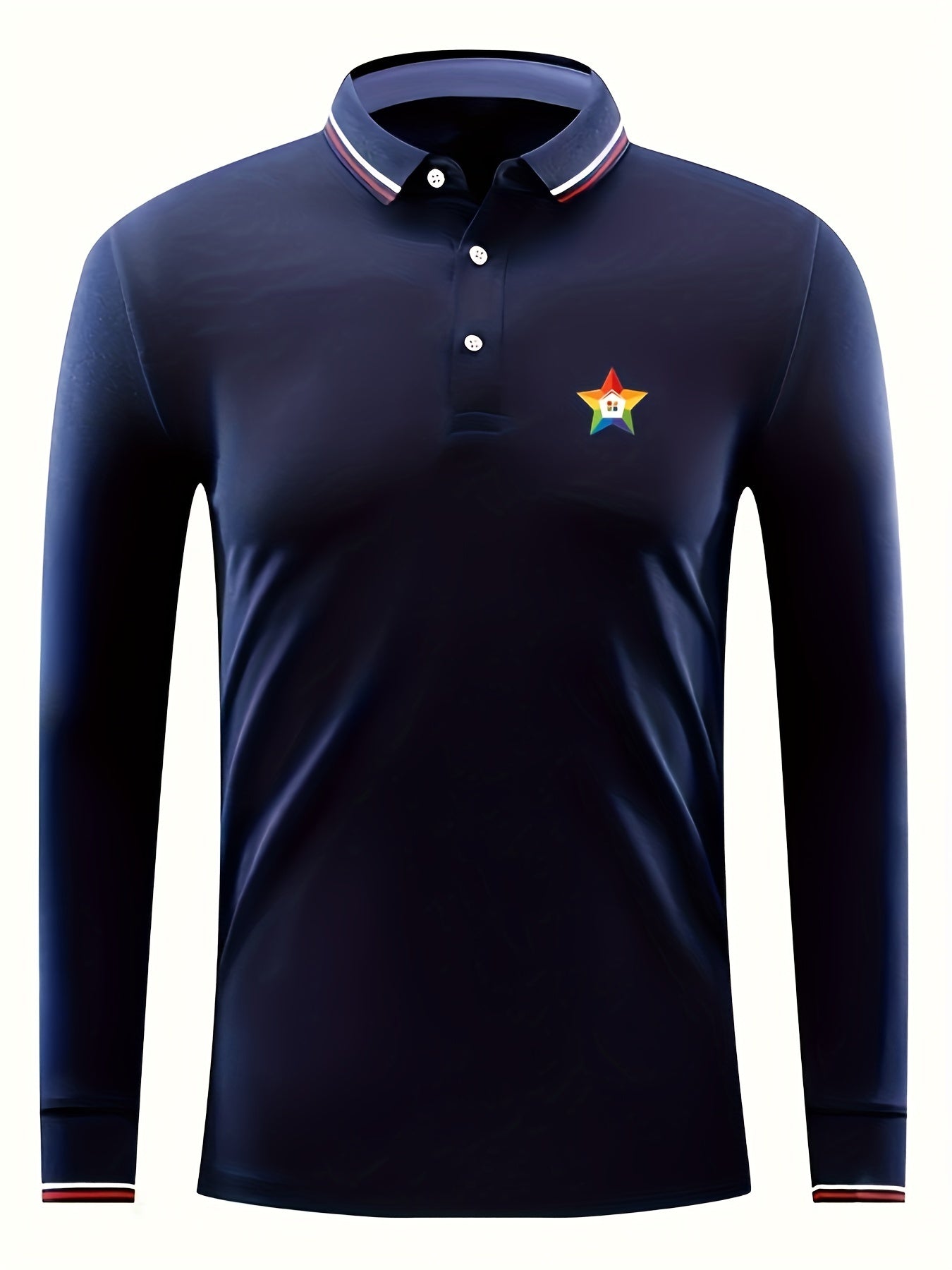 Men's Star Print Polo Shirt Casual Long Sleeve Button Up Shirt