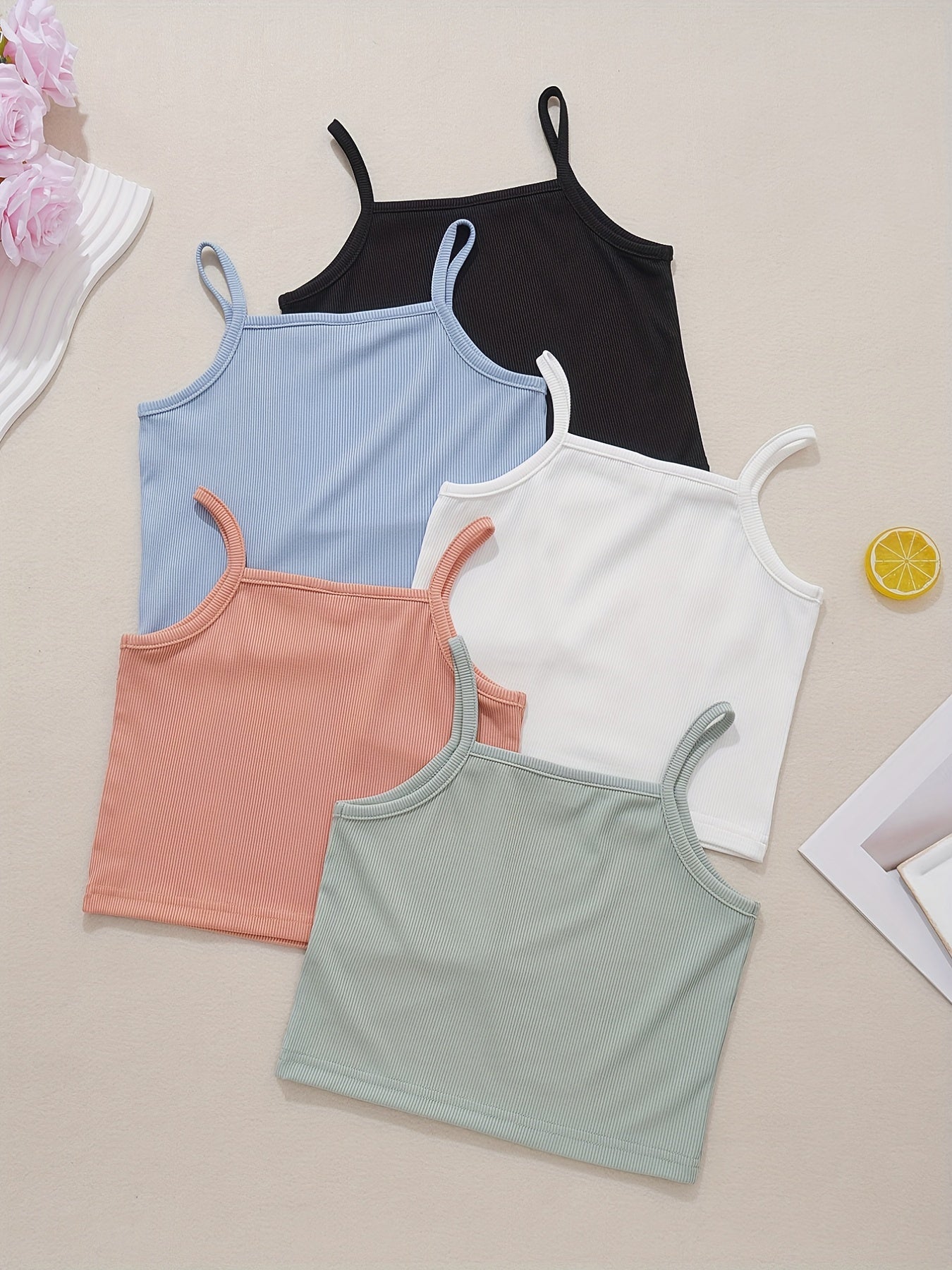 5pcs Toddler Girls Cami Top Solid Sleeveless Stretchy Tank Top