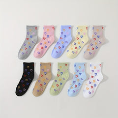 10 Pairs Heart Print Socks Women's Mid Tube Stockings