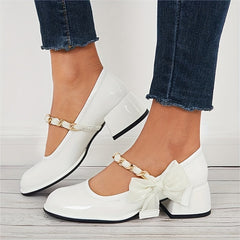Women's Bowknot Mary Jane Chain Strap Round Toe Chunky Low Heels