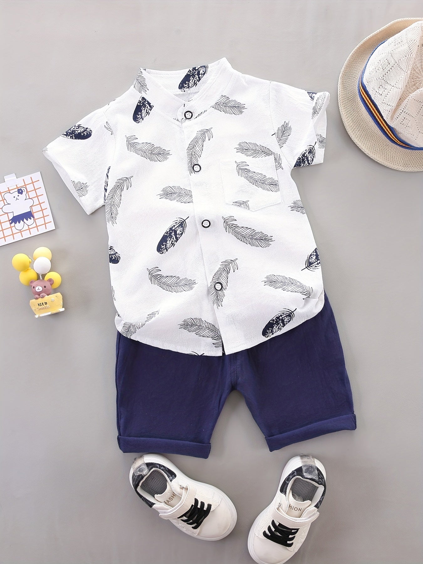 2pcs Baby Boys Feather Print Shirt & Shorts Set Cotton Casual Clothes