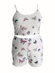  Butterfly Print Crop Cami Top & Shorts Pajama Set