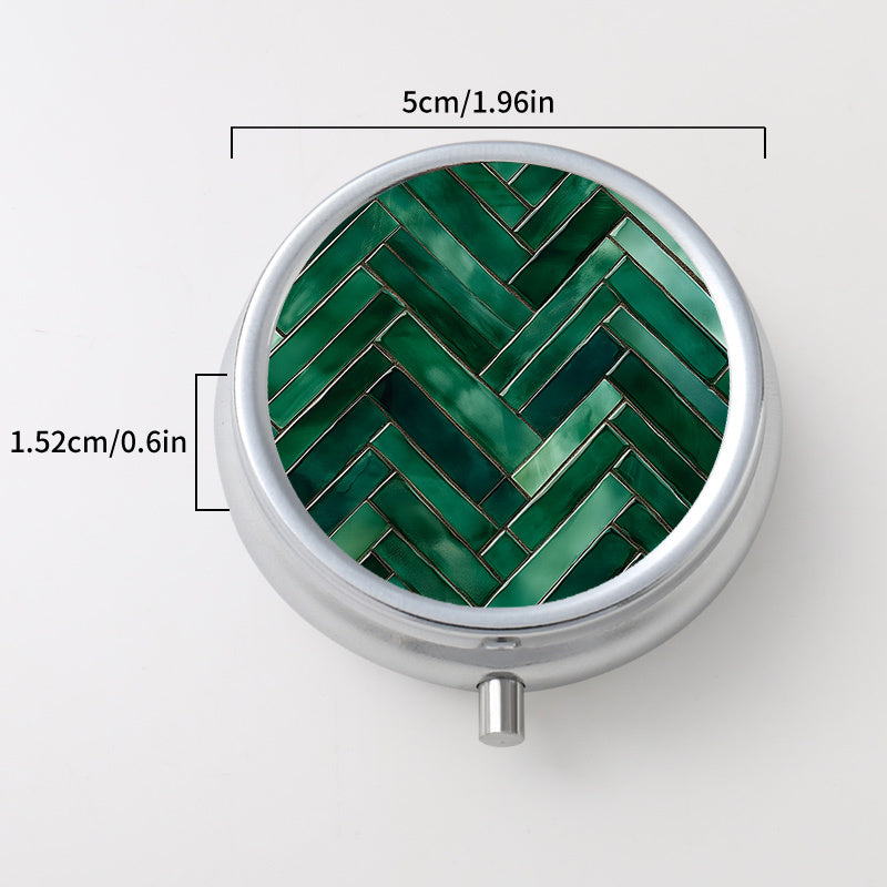 Small Metal Pill Case Green Glass Pattern 3 Compartment Portable Medicine