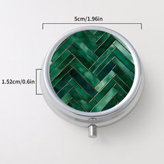 Small Metal Pill Case Green Glass Pattern 3 Compartment Portable Medicine