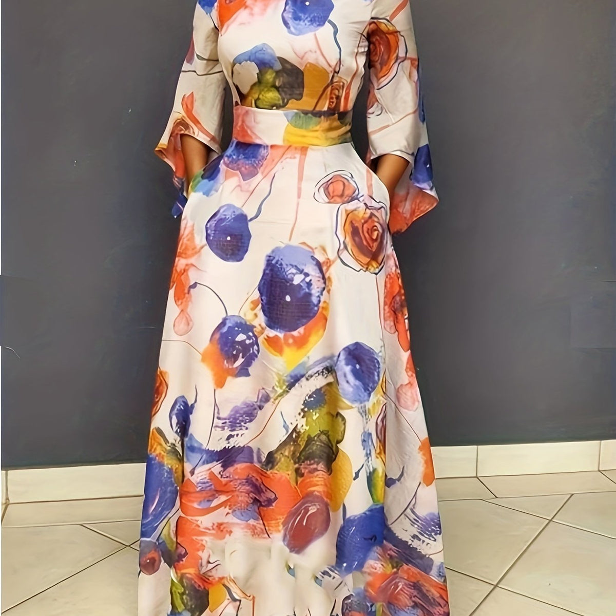  Casual Allover Print Bell Sleeve Maxi Dress With Pockets