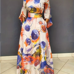  Casual Allover Print Bell Sleeve Maxi Dress With Pockets