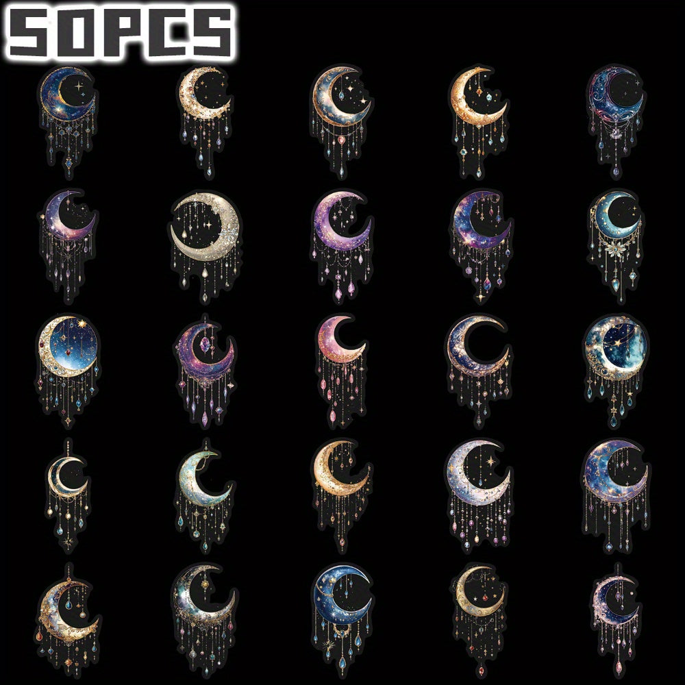 50pcs Crescent Moon Stickers with Stars Gemstones & Glitter for Laptops Water