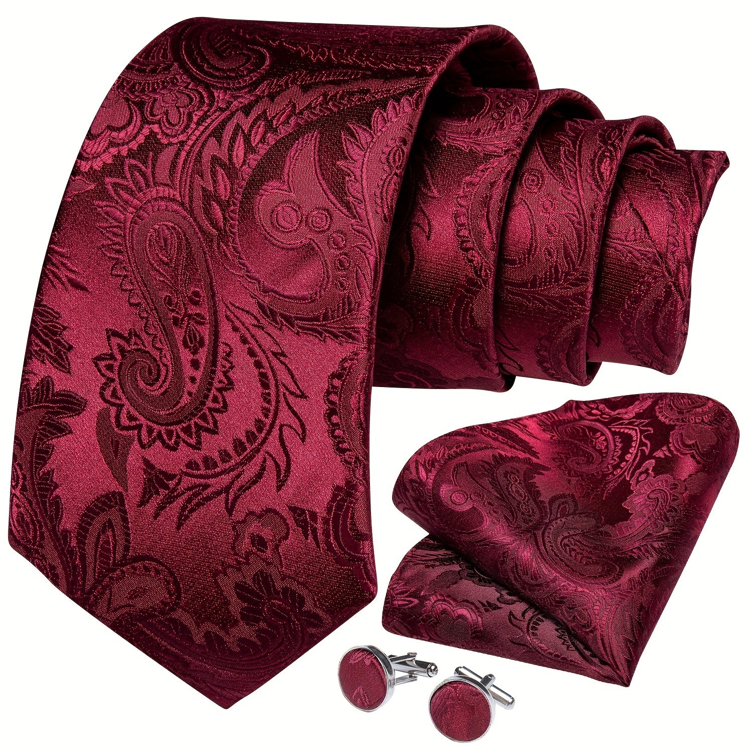 DiBanGu Men's Wine Red Paisley Tie Set for Wedding