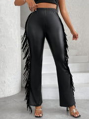 Women's Plus PU Leather Fringe Trim Trousers
