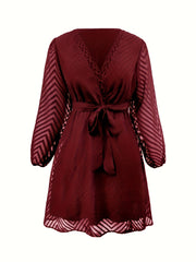  Chevron Print Mesh Lantern Sleeve Layered Dress With Belt