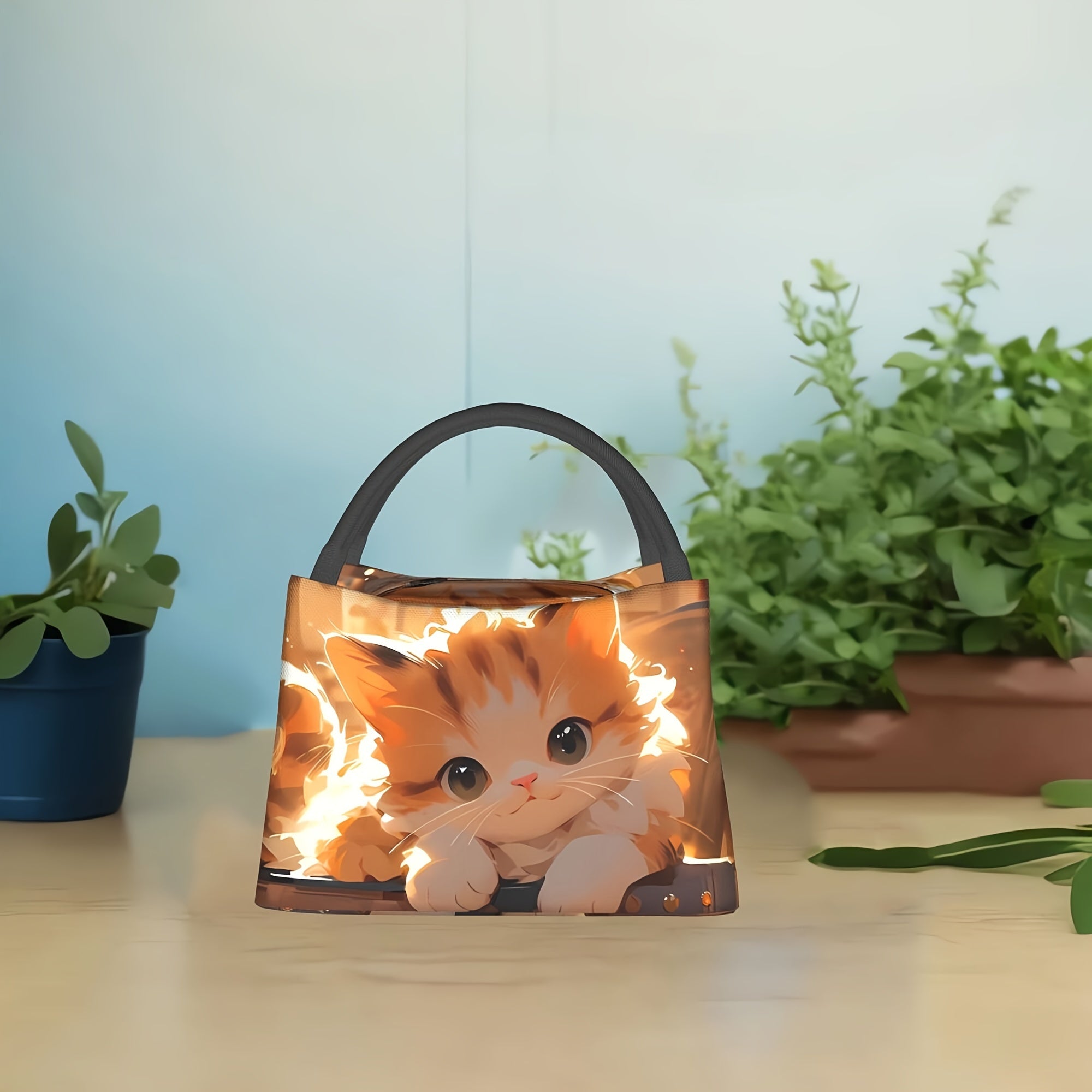 Cat Pattern Insulated Lunch Bag Portable for School Office Picnics