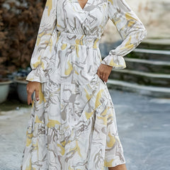 Women's Plus Marble Print Maxi Dress with Flounce Sleeves